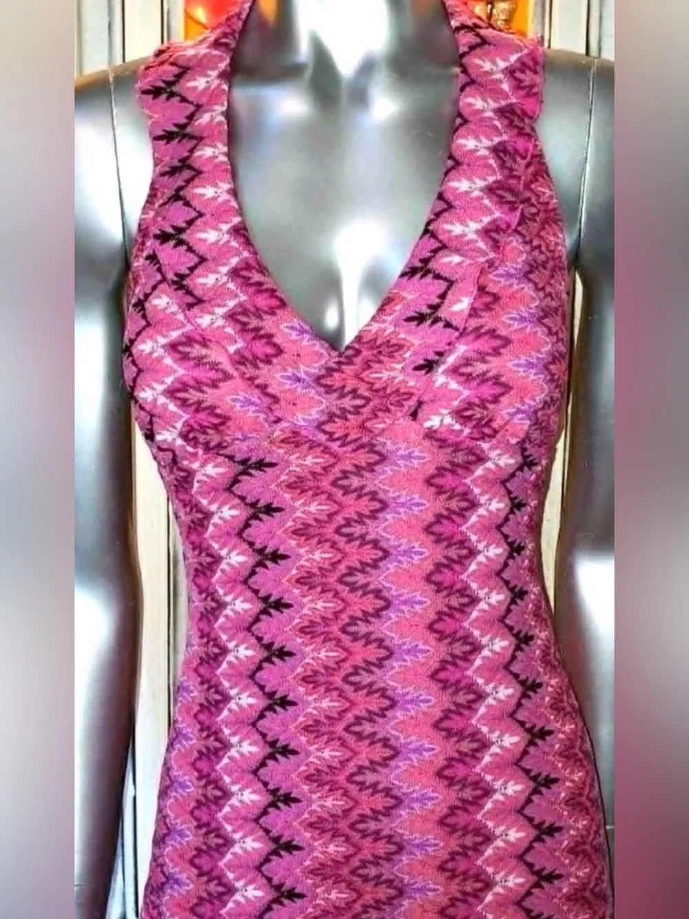Betsey Johnson Vintage Y2K Pink Zigzag halter midi Dress - Picture 3 of 8